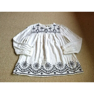Womens Top-LUCKY BRAND-white/black embroidered BOHO peasant Cottagecore tunic-S